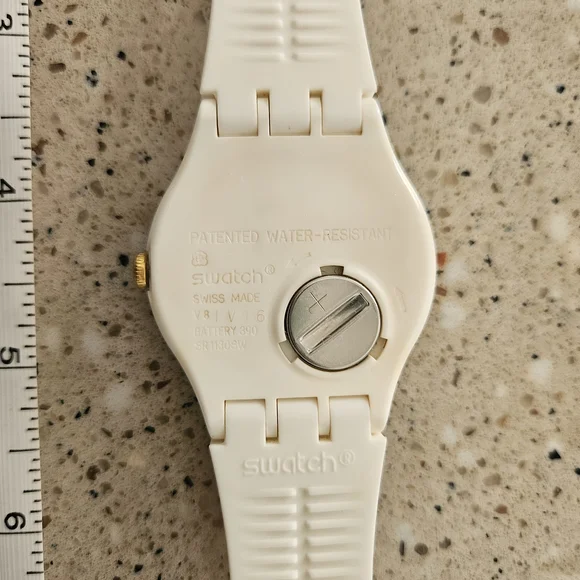 Swatch White Silicone Watch with Gold Transparent Dial and Swarovski Crystals - Picture 7 of 11